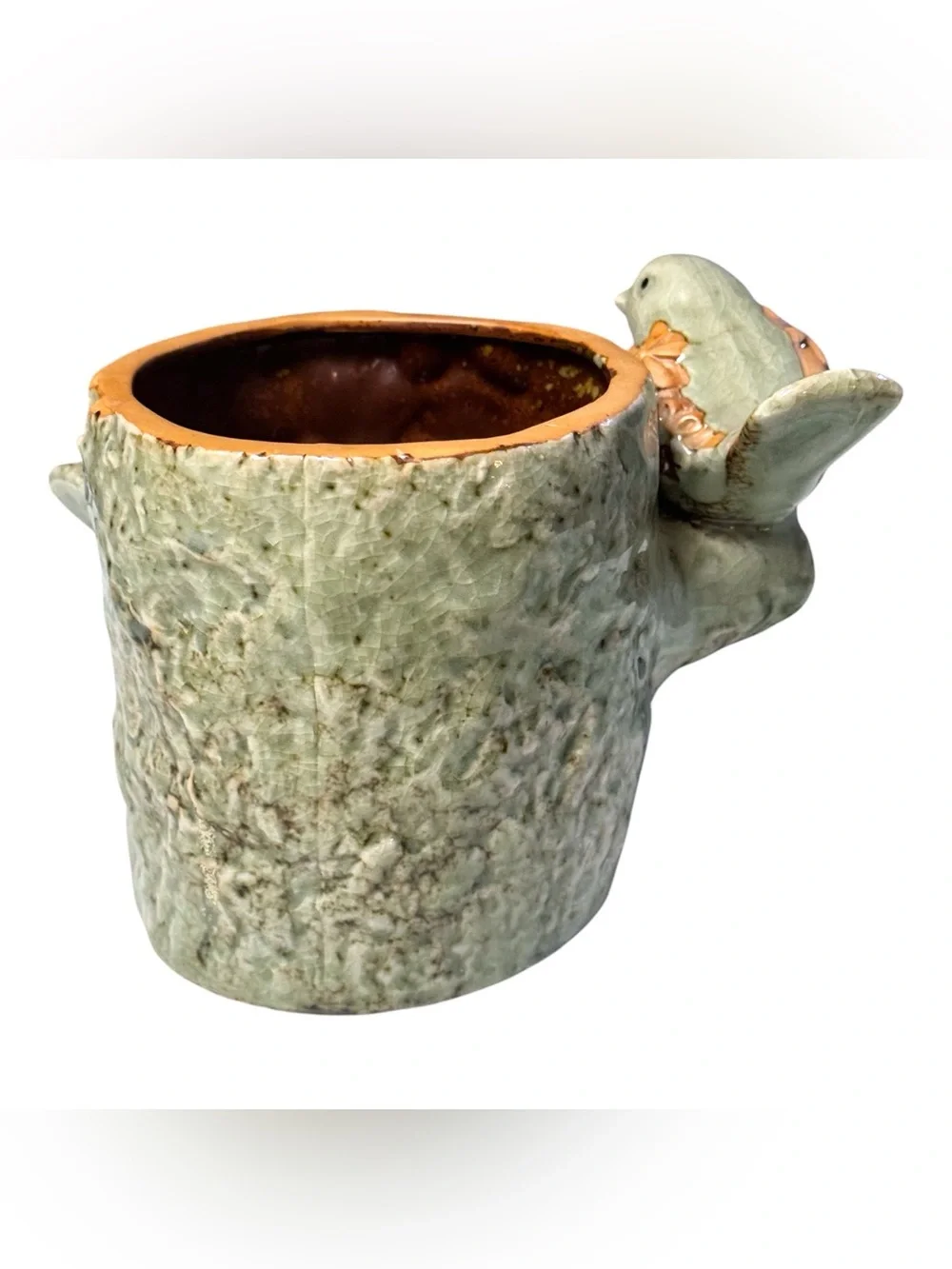 Vintage Ceramic Green/Tan Stump Vase Perched Birds Flowers Planter 5” Handmade
